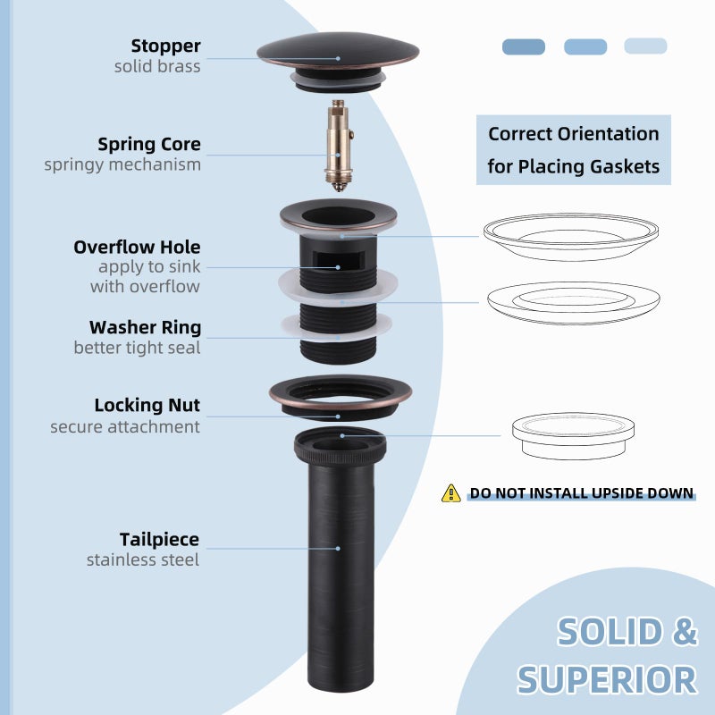 Angle Simple Bathroom Sink Drain with Overflow, Brass Pop Up Sink Stopper for Sink with 1.61 to 2 Inches Drain Hole, Oil-Rubbed Bronze - Image 5